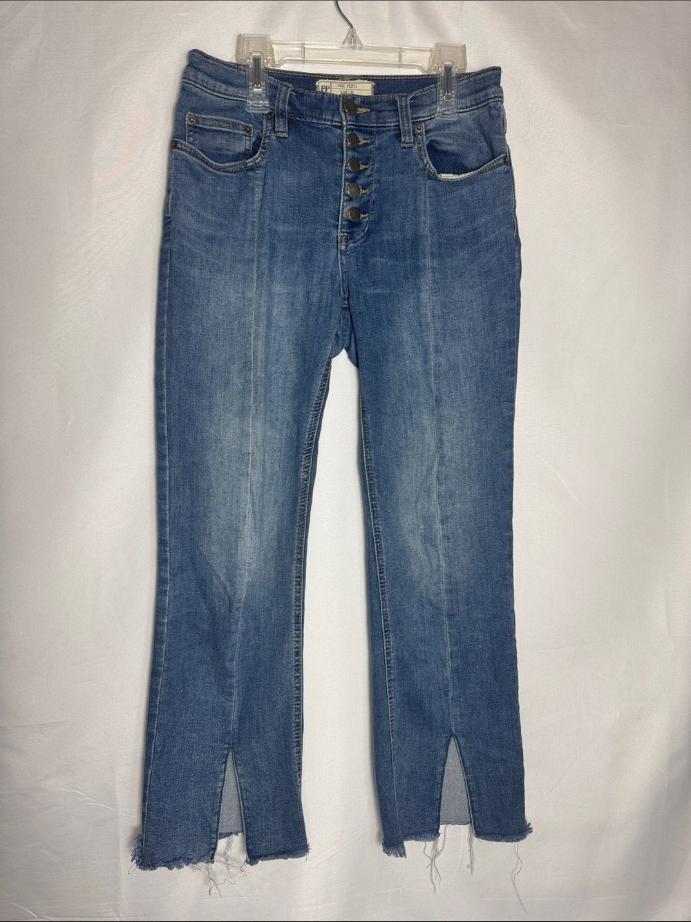 Free People Button-Fly Cropped Jeans with Split Hem in Blue Denim Free People